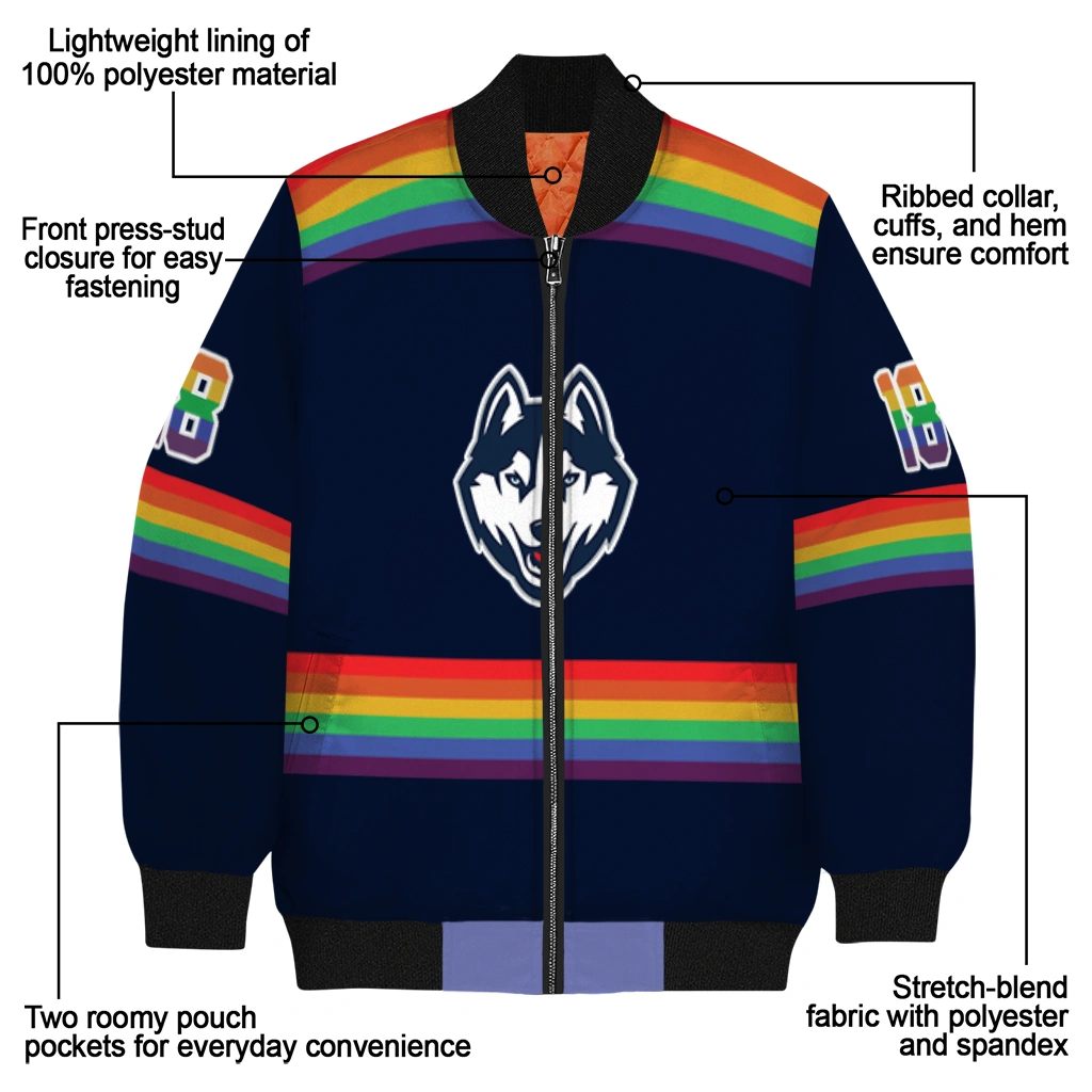 personalized uconn huskies rainbow jersey number blue bomber jacket new arrival personalized uconn huskies rainbow jersey number blue bomber jacket new arrival