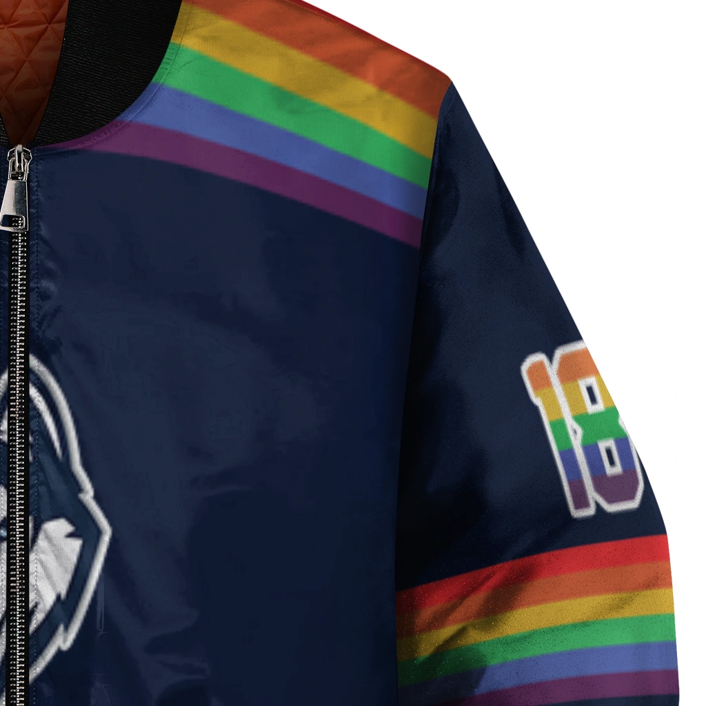 personalized uconn huskies rainbow jersey number blue bomber jacket premium grade personalized uconn huskies rainbow jersey number blue bomber jacket premium grade