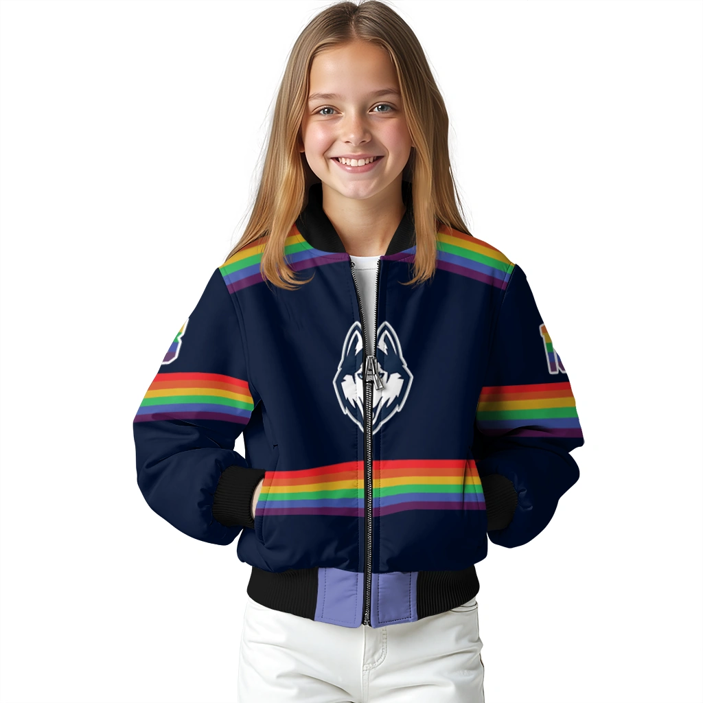 personalized uconn huskies rainbow jersey number blue bomber jacket top rated personalized uconn huskies rainbow jersey number blue bomber jacket top rated