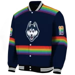 personalized uconn huskies rainbow jersey number blue varsity jacket best selling