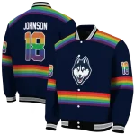personalized uconn huskies rainbow jersey number blue varsity jacket best selling