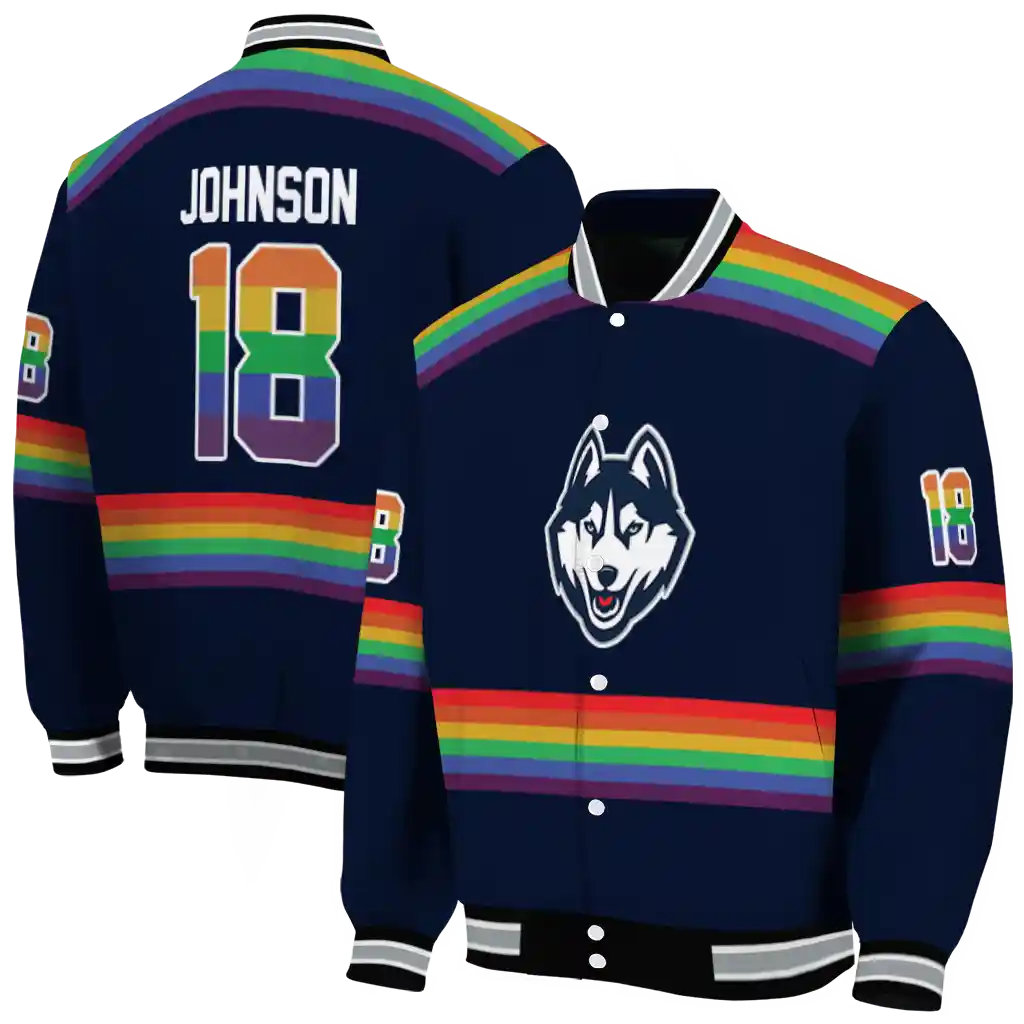 personalized uconn huskies rainbow jersey number blue varsity jacket fashion forward personalized uconn huskies rainbow jersey number blue varsity jacket fashion forward