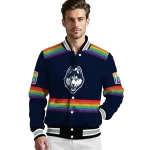 personalized uconn huskies rainbow jersey number blue varsity jacket best selling