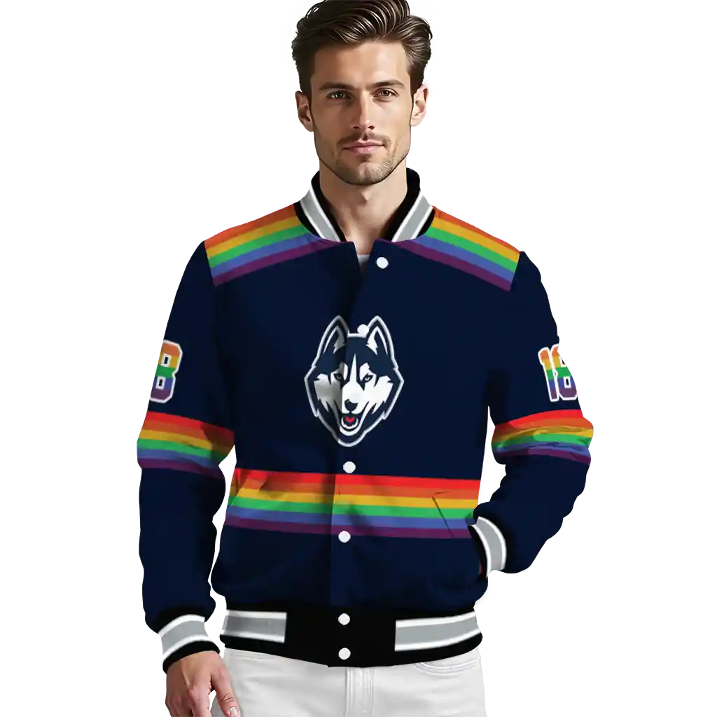 personalized uconn huskies rainbow jersey number blue varsity jacket high quality personalized uconn huskies rainbow jersey number blue varsity jacket high quality
