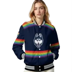 personalized uconn huskies rainbow jersey number blue varsity jacket best selling
