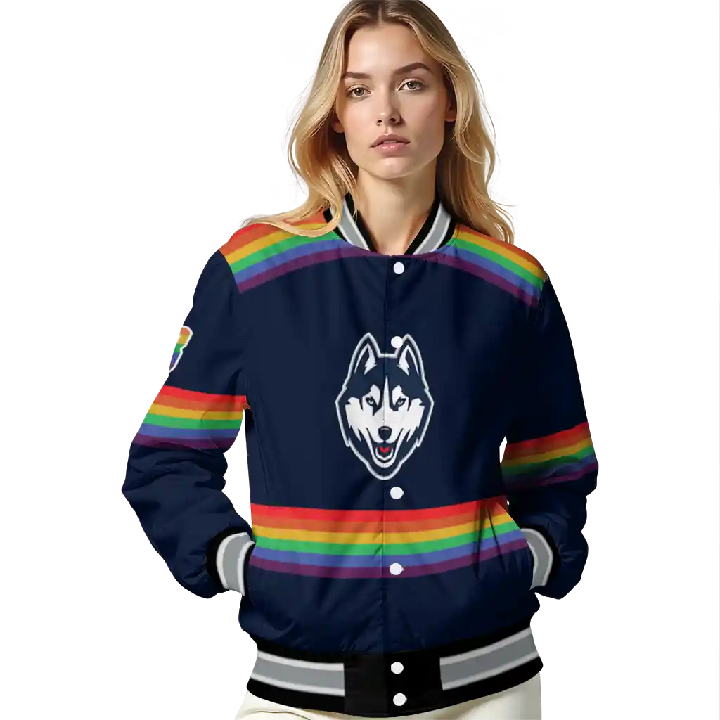 personalized uconn huskies rainbow jersey number blue varsity jacket latest model personalized uconn huskies rainbow jersey number blue varsity jacket latest model
