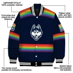 personalized uconn huskies rainbow jersey number blue varsity jacket best selling