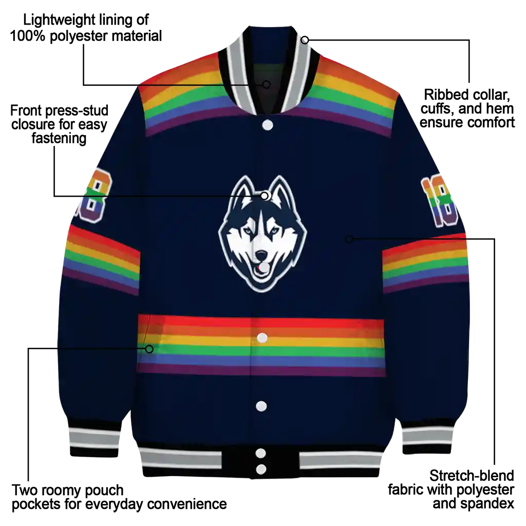 personalized uconn huskies rainbow jersey number blue varsity jacket new arrival personalized uconn huskies rainbow jersey number blue varsity jacket new arrival