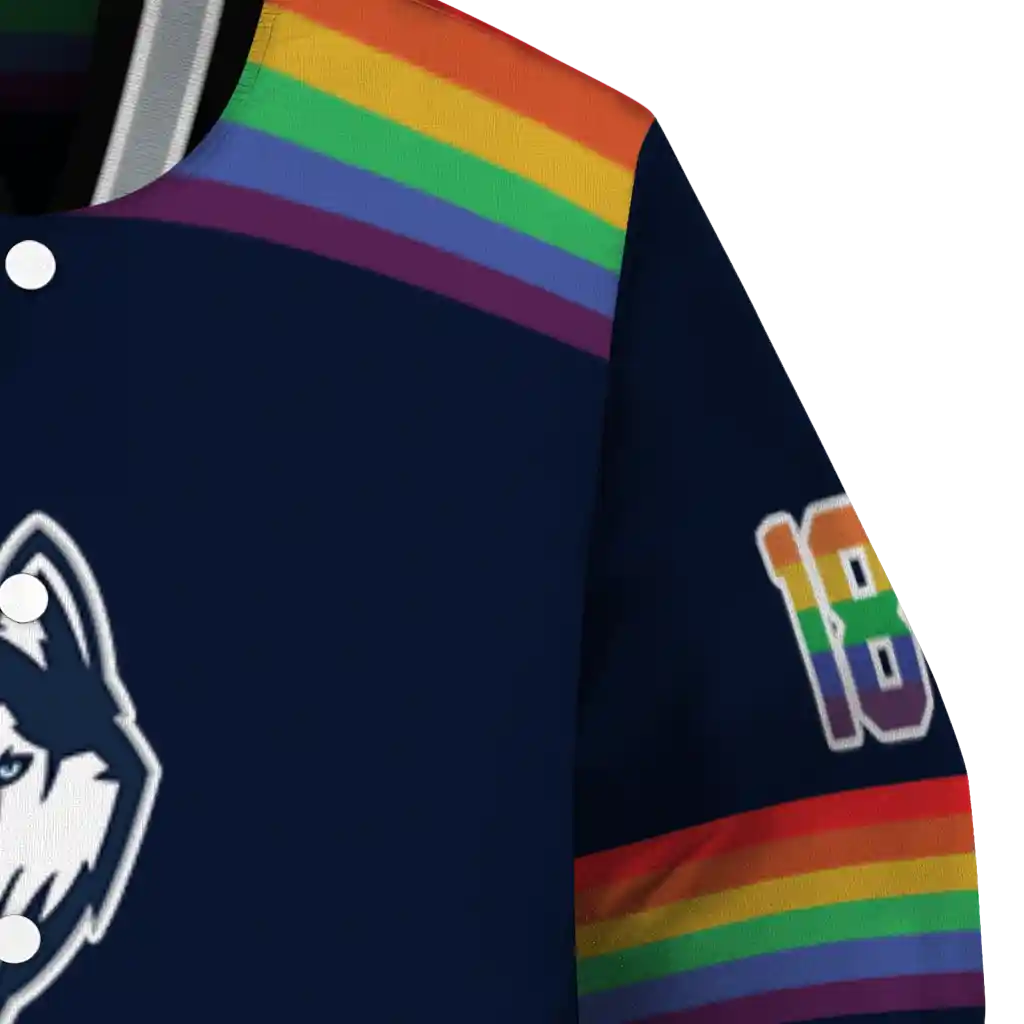 personalized uconn huskies rainbow jersey number blue varsity jacket premium grade personalized uconn huskies rainbow jersey number blue varsity jacket premium grade