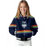 personalized uconn huskies rainbow jersey number blue varsity jacket best selling