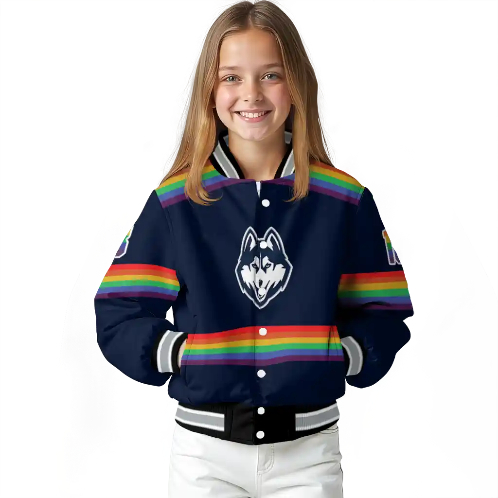personalized uconn huskies rainbow jersey number blue varsity jacket top rated personalized uconn huskies rainbow jersey number blue varsity jacket top rated