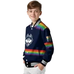 personalized uconn huskies rainbow jersey number blue varsity jacket best selling