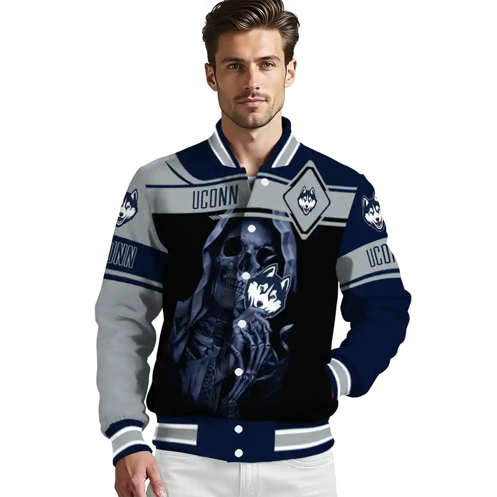 personalized uconn huskies reaper hands blue black varsity jacket high quality personalized uconn huskies reaper hands blue black varsity jacket high quality