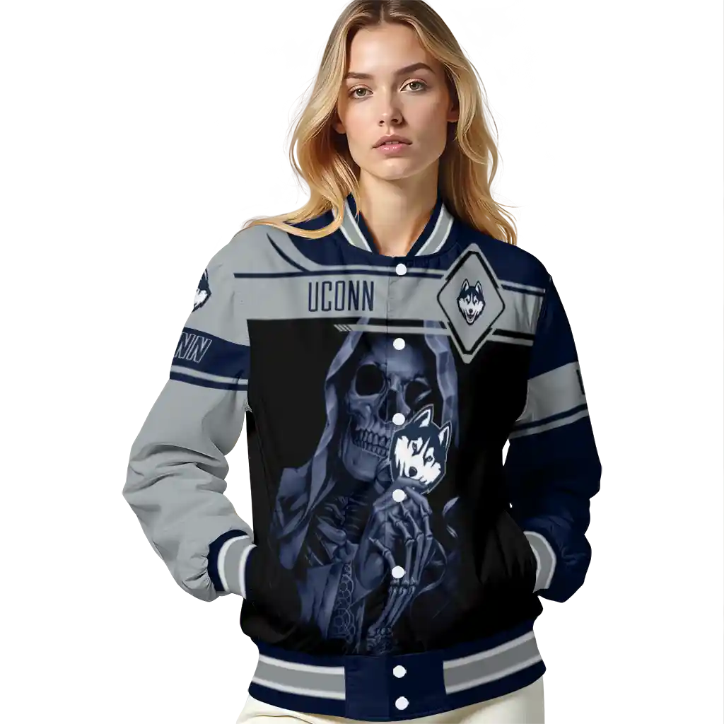 personalized uconn huskies reaper hands blue black varsity jacket latest model personalized uconn huskies reaper hands blue black varsity jacket latest model