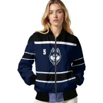 personalized uconn huskies stripe statement blue black bomber jacket best selling