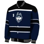 personalized uconn huskies stripe statement blue black varsity jacket best selling