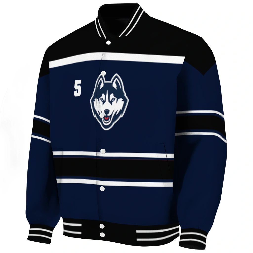 personalized uconn huskies stripe statement blue black varsity jacket best selling personalized uconn huskies stripe statement blue black varsity jacket best selling