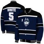 personalized uconn huskies stripe statement blue black varsity jacket best selling