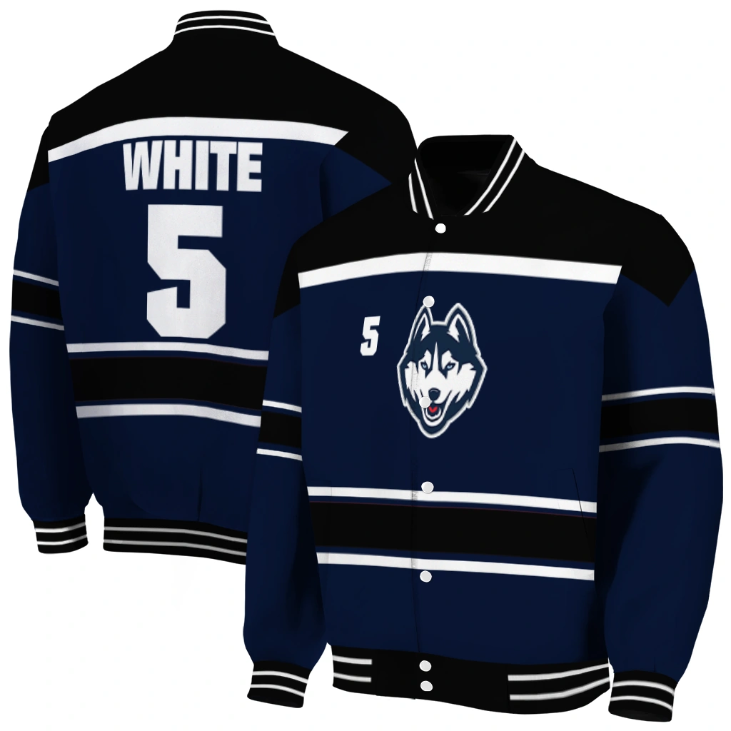 personalized uconn huskies stripe statement blue black varsity jacket fashion forward personalized uconn huskies stripe statement blue black varsity jacket fashion forward