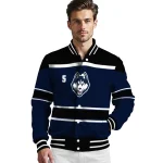 personalized uconn huskies stripe statement blue black varsity jacket best selling