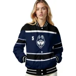 personalized uconn huskies stripe statement blue black varsity jacket best selling