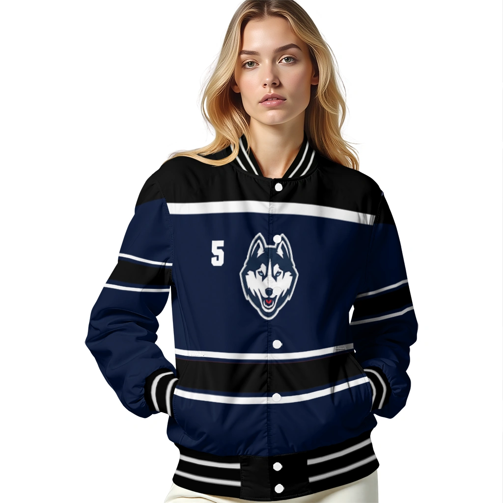 personalized uconn huskies stripe statement blue black varsity jacket latest model personalized uconn huskies stripe statement blue black varsity jacket latest model