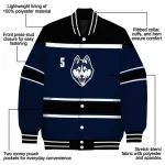 personalized uconn huskies stripe statement blue black varsity jacket best selling