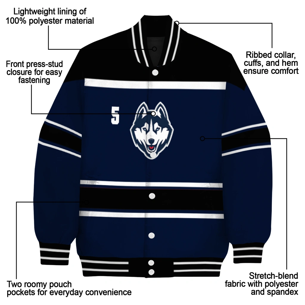 personalized uconn huskies stripe statement blue black varsity jacket new arrival personalized uconn huskies stripe statement blue black varsity jacket new arrival
