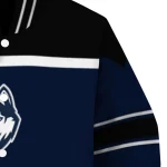 personalized uconn huskies stripe statement blue black varsity jacket best selling
