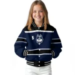personalized uconn huskies stripe statement blue black varsity jacket best selling
