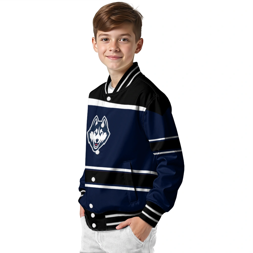 personalized uconn huskies stripe statement blue black varsity jacket trendy personalized uconn huskies stripe statement blue black varsity jacket trendy