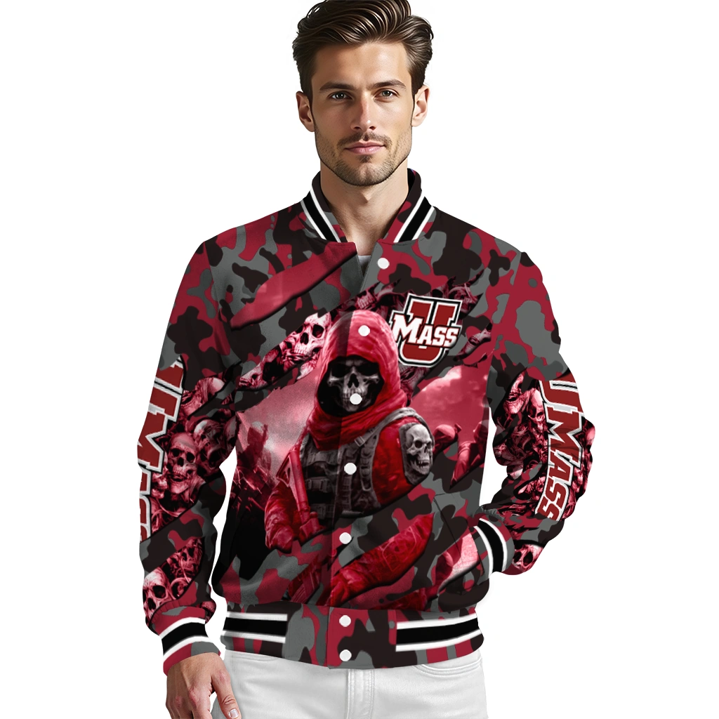 personalized umass minutemen skull horde red varsity jacket high quality personalized umass minutemen skull horde red varsity jacket high quality
