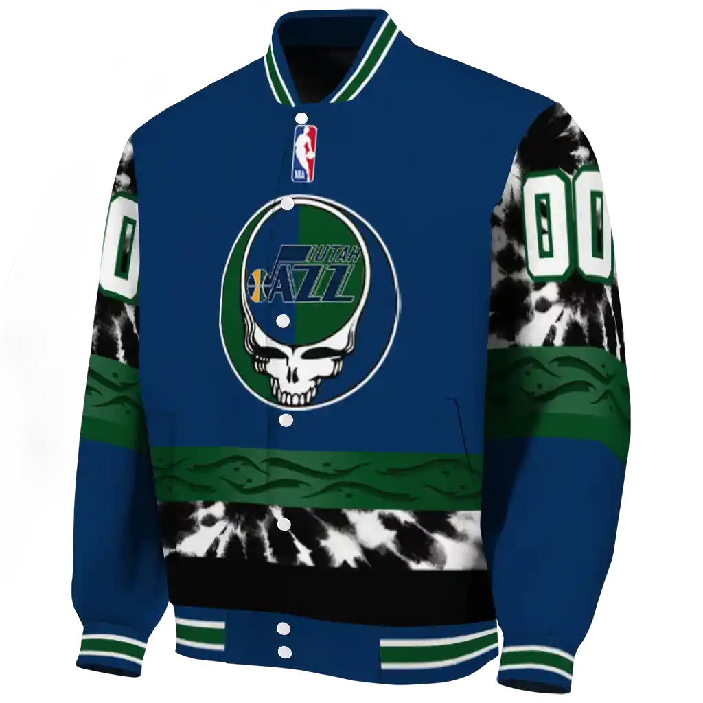 personalized utah jazz skull emblem navy black varsity jacket best selling personalized utah jazz skull emblem navy black varsity jacket best selling