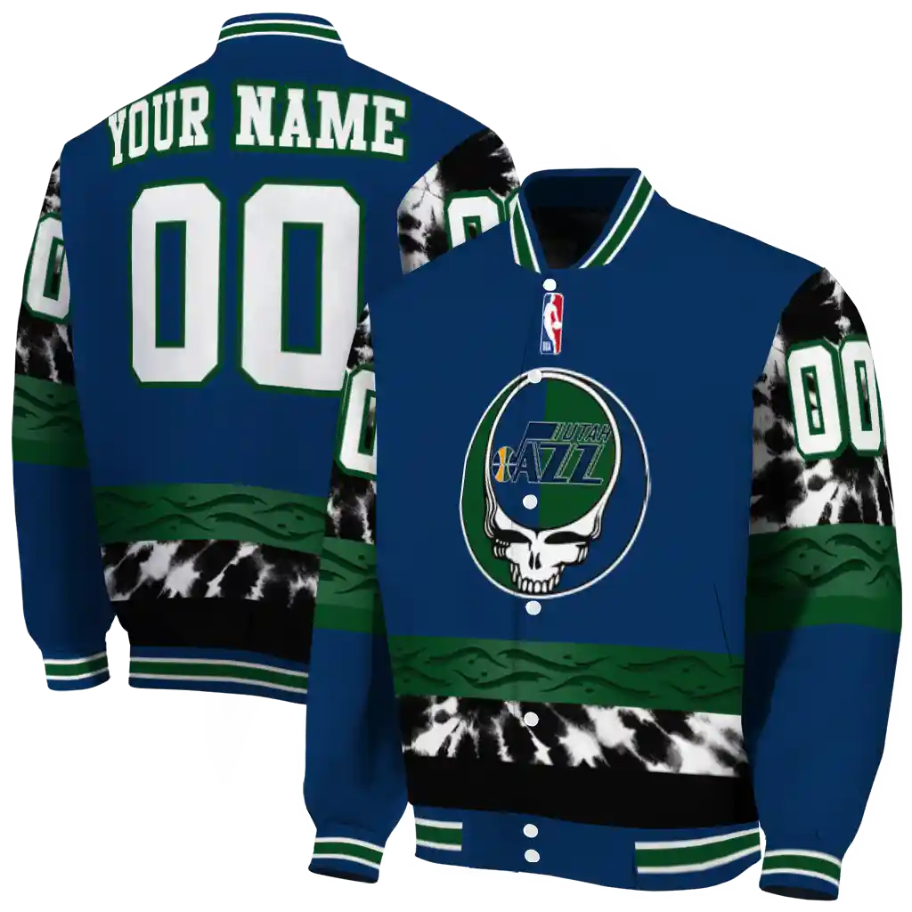 personalized utah jazz skull emblem navy black varsity jacket fashion forward personalized utah jazz skull emblem navy black varsity jacket fashion forward