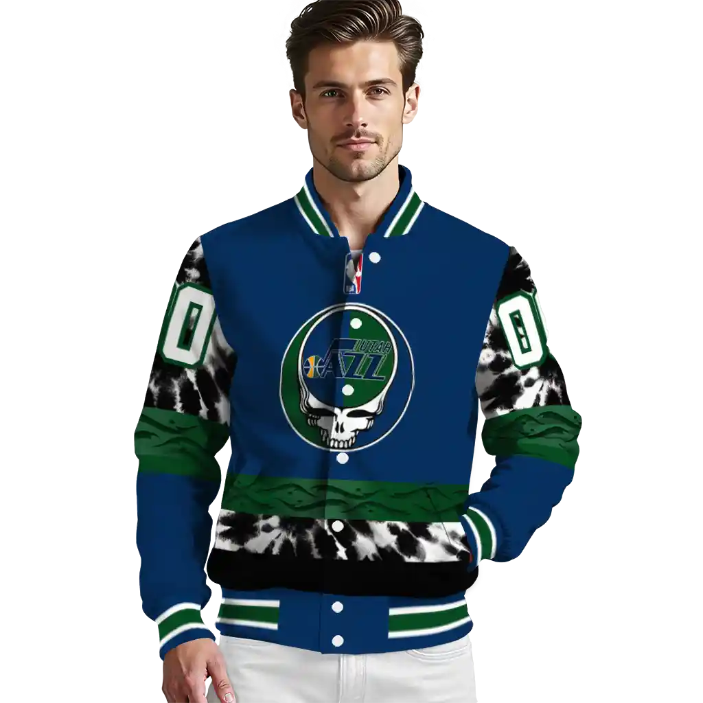 personalized utah jazz skull emblem navy black varsity jacket high quality personalized utah jazz skull emblem navy black varsity jacket high quality