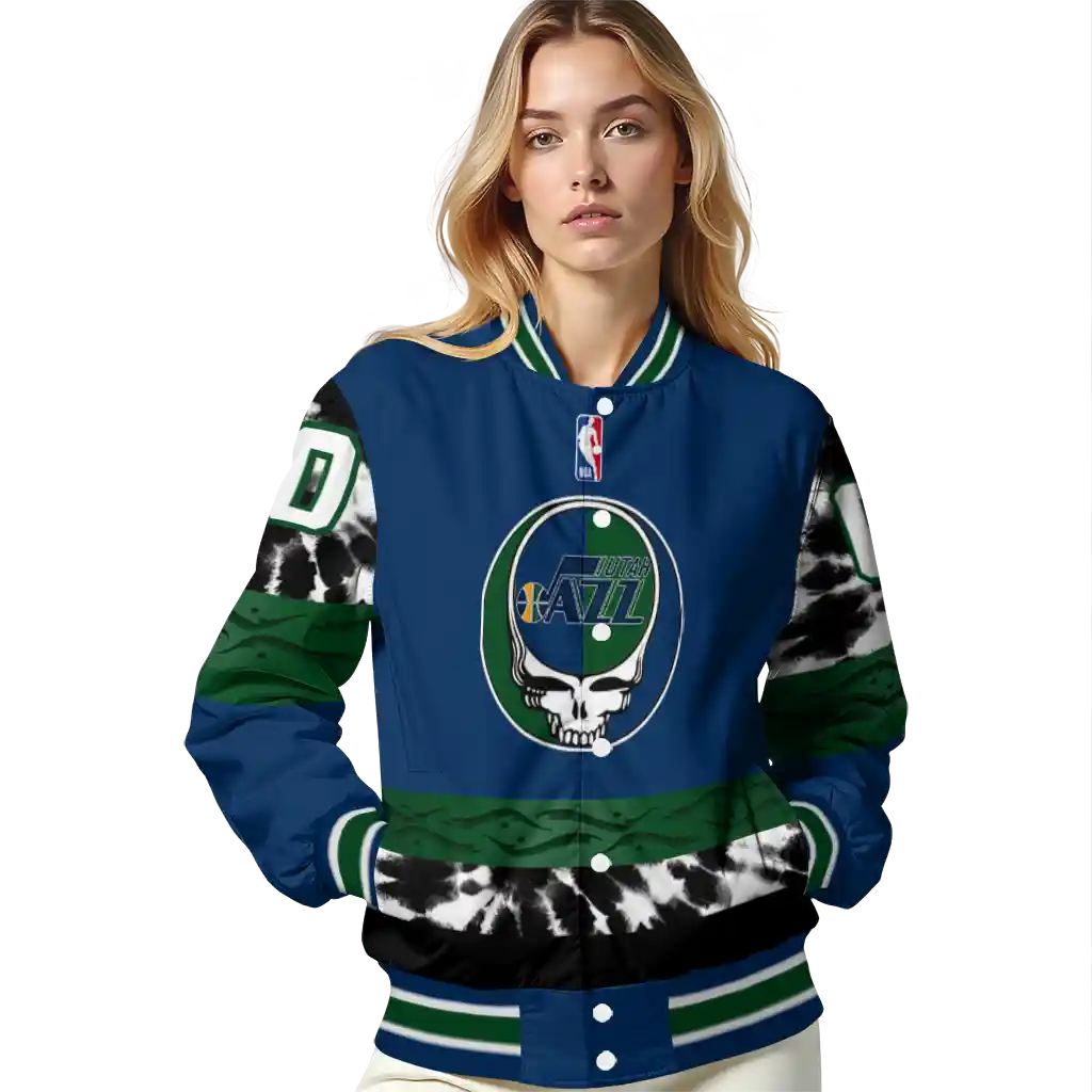 personalized utah jazz skull emblem navy black varsity jacket latest model personalized utah jazz skull emblem navy black varsity jacket latest model