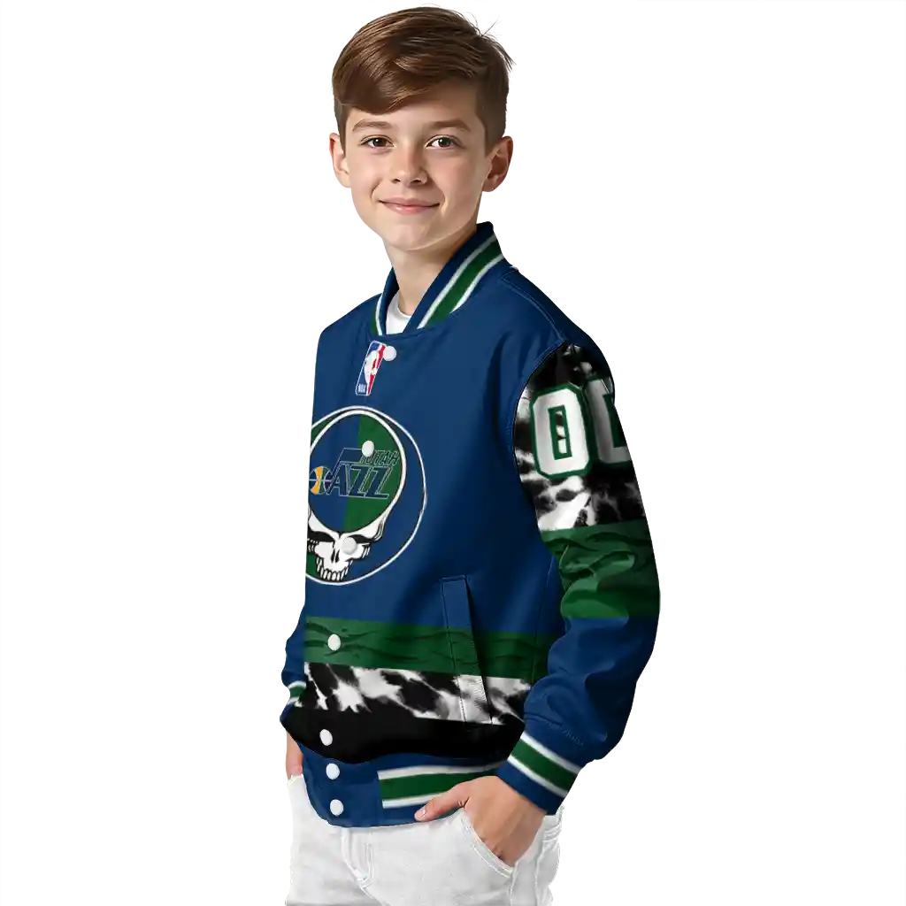 personalized utah jazz skull emblem navy black varsity jacket trendy personalized utah jazz skull emblem navy black varsity jacket trendy