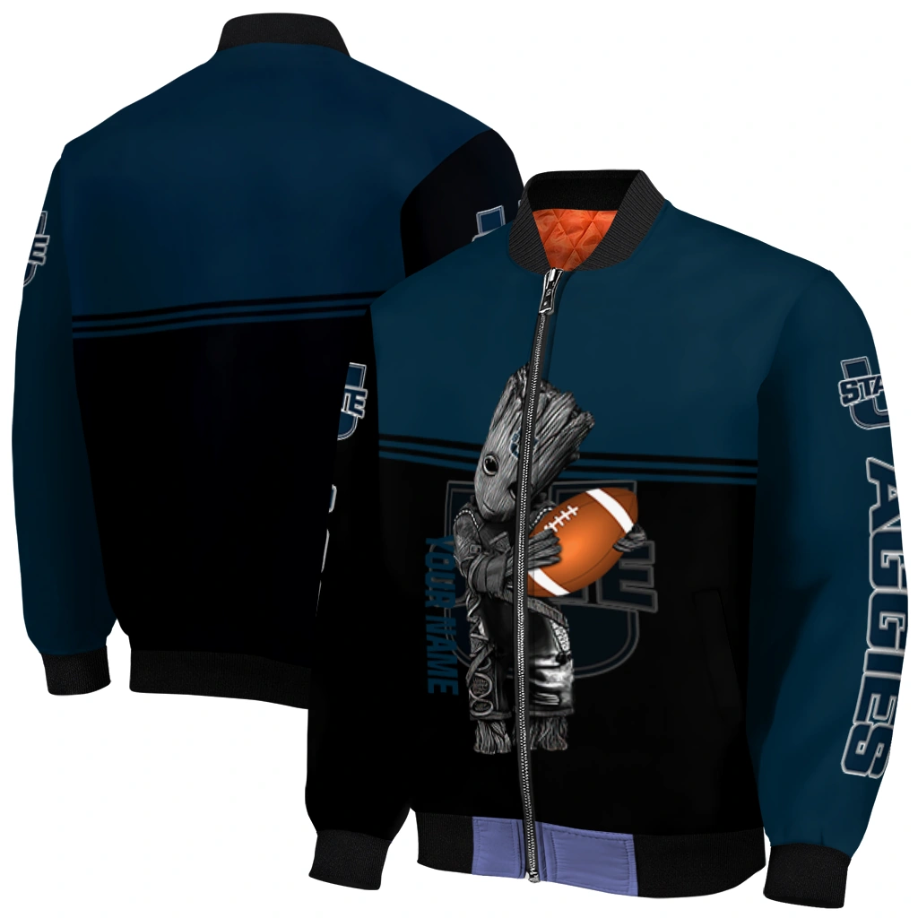 personalized utah state aggies groot football navy black bomber jacket best selling personalized utah state aggies groot football navy black bomber jacket best selling