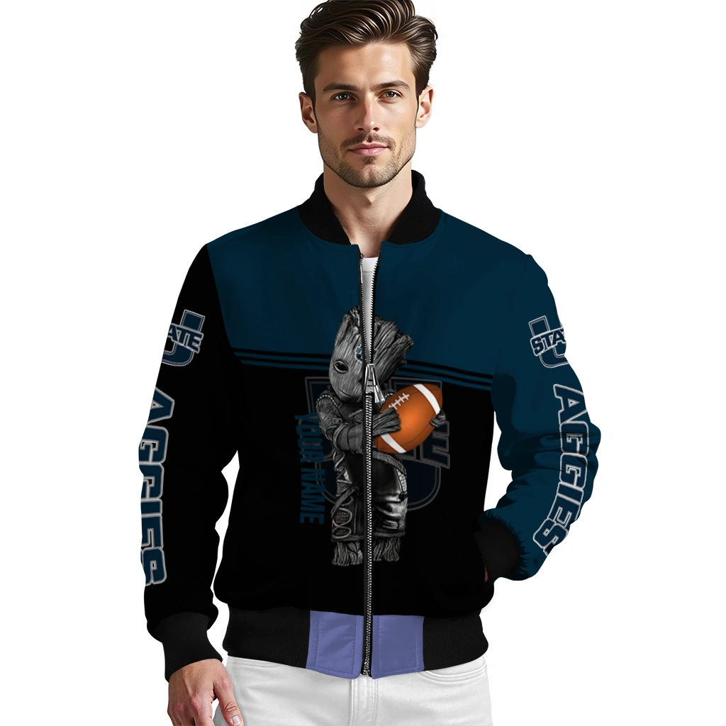 personalized utah state aggies groot football navy black bomber jacket high quality personalized utah state aggies groot football navy black bomber jacket high quality