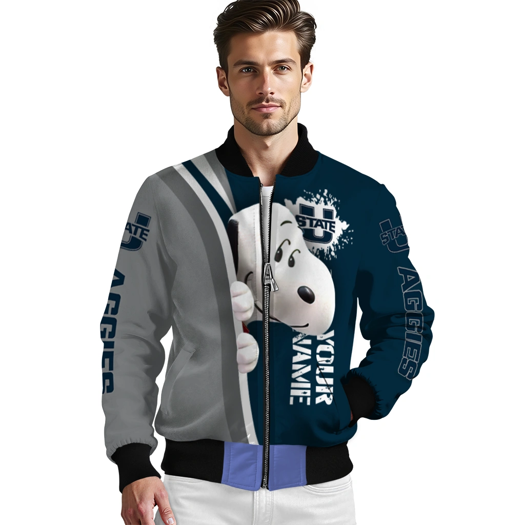 personalized utah state aggies snoopy head navy bomber jacket high quality personalized utah state aggies snoopy head navy bomber jacket high quality