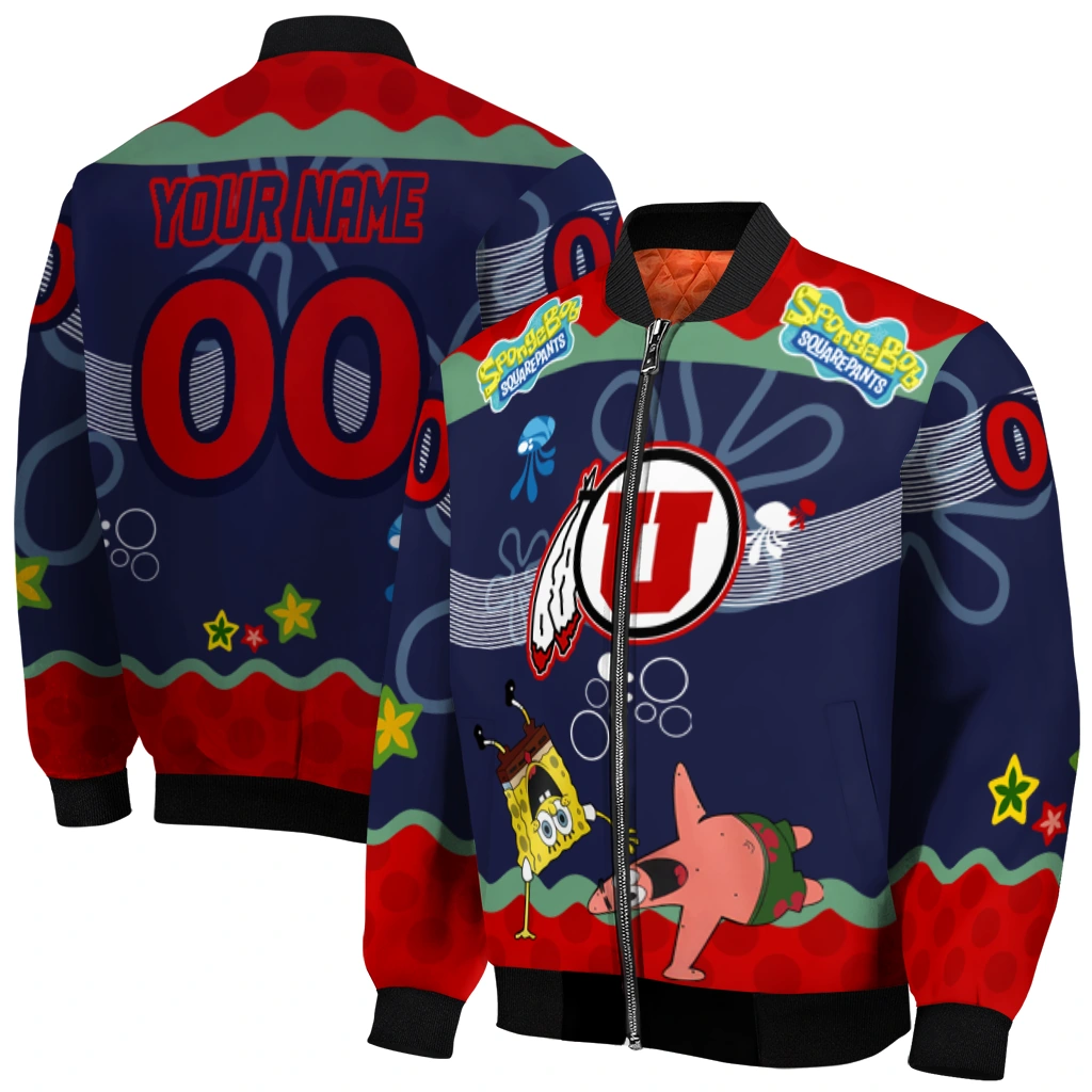personalized utah utes spongebob playtime red blue bomber jacket best selling personalized utah utes spongebob playtime red blue bomber jacket best selling