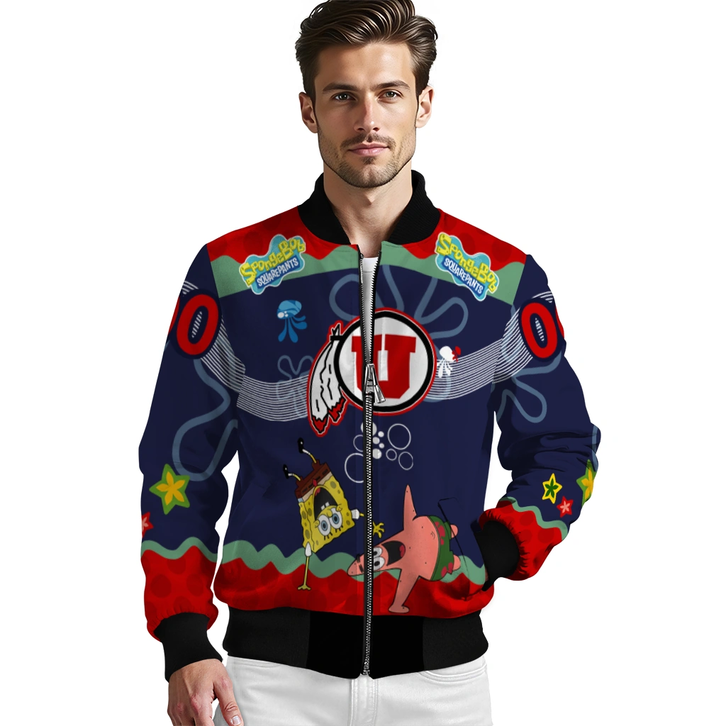 personalized utah utes spongebob playtime red blue bomber jacket high quality personalized utah utes spongebob playtime red blue bomber jacket high quality