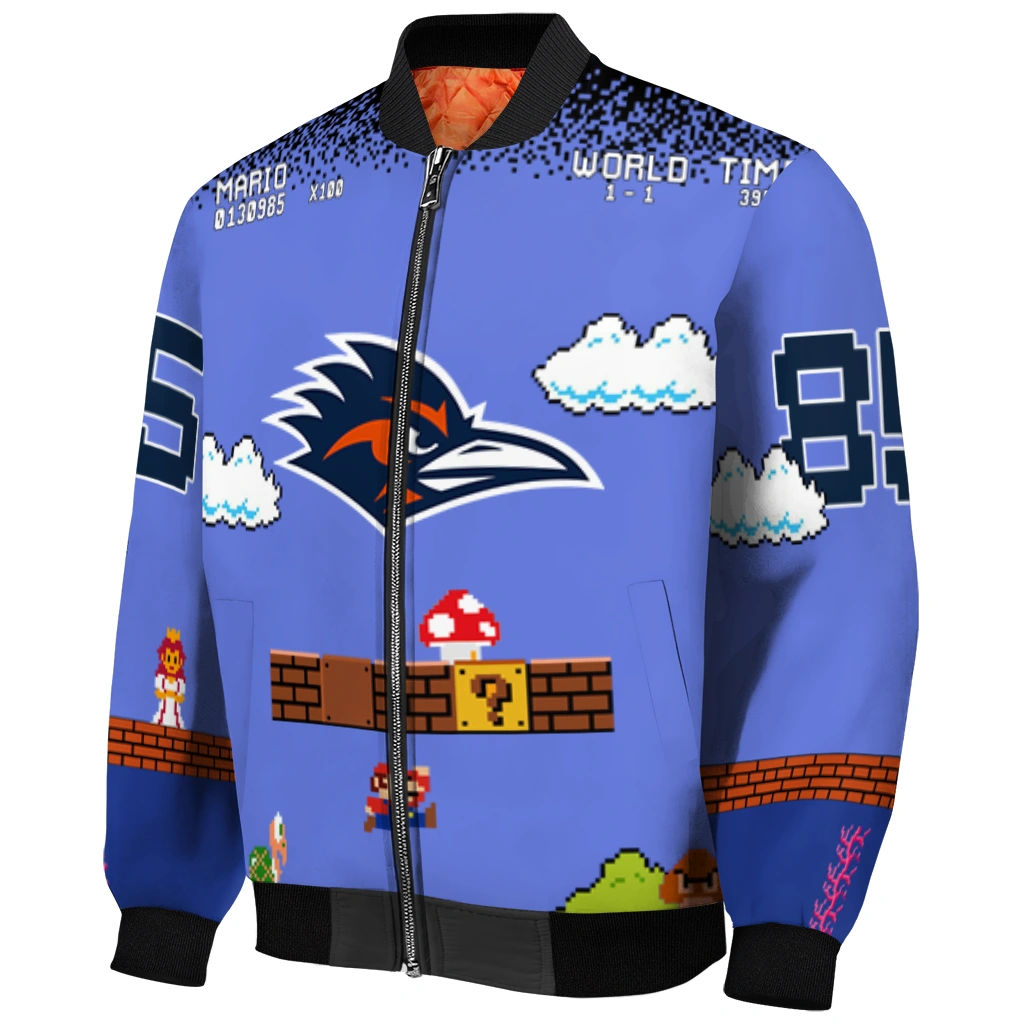 personalized utsa roadrunners mario blocks blue black bomber jacket fashion forward personalized utsa roadrunners mario blocks blue black bomber jacket fashion forward