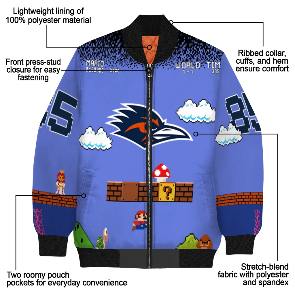personalized utsa roadrunners mario blocks blue black bomber jacket new arrival personalized utsa roadrunners mario blocks blue black bomber jacket new arrival
