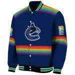 personalized vancouver canucks rainbow jersey number blue varsity jacket best selling