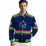 personalized vancouver canucks rainbow jersey number blue varsity jacket best selling