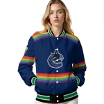 personalized vancouver canucks rainbow jersey number blue varsity jacket best selling