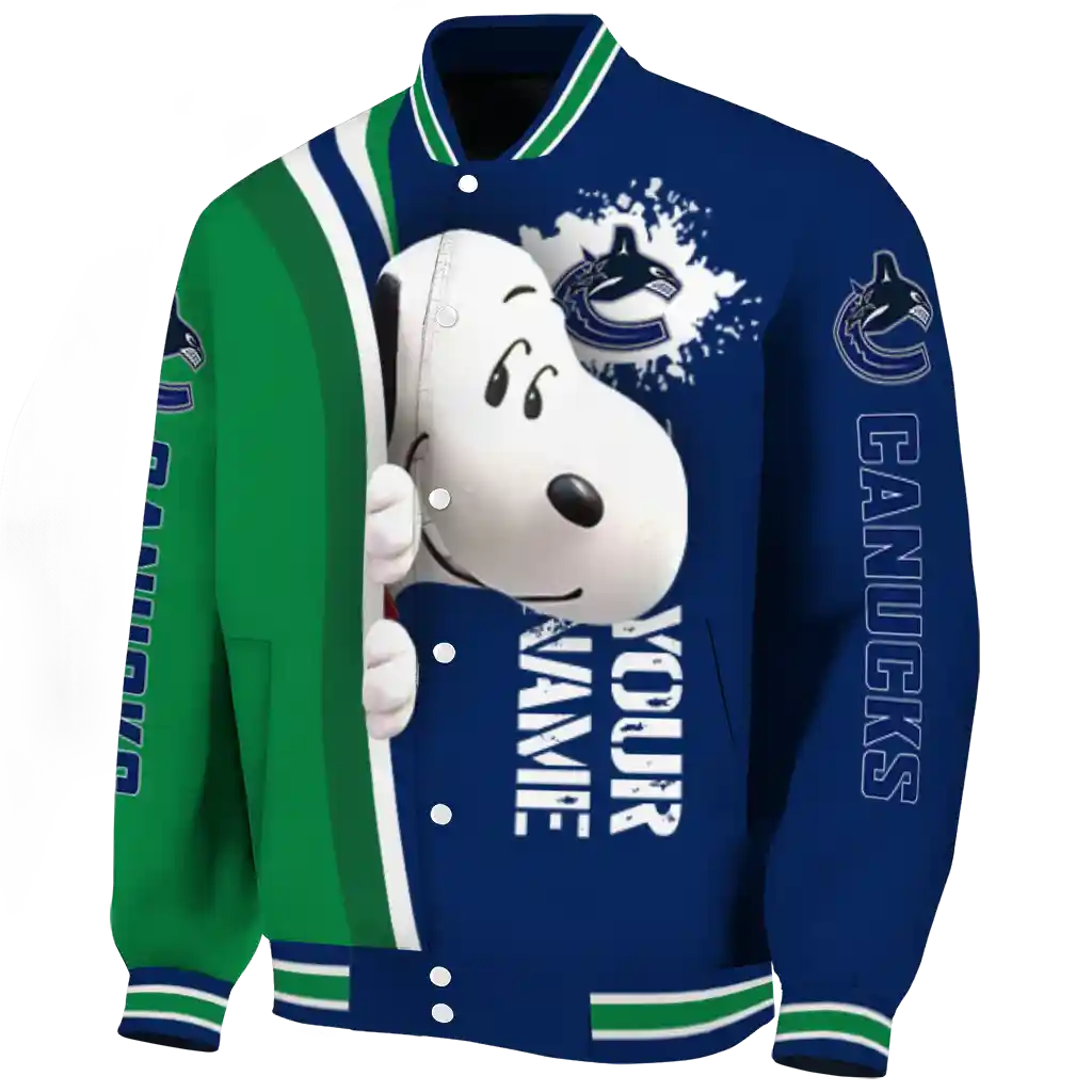 personalized vancouver canucks snoopy head blue varsity jacket best selling personalized vancouver canucks snoopy head blue varsity jacket best selling