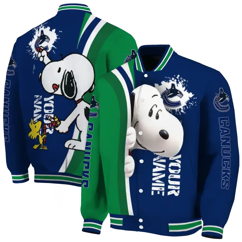 personalized vancouver canucks snoopy head blue varsity jacket fashion forward personalized vancouver canucks snoopy head blue varsity jacket fashion forward
