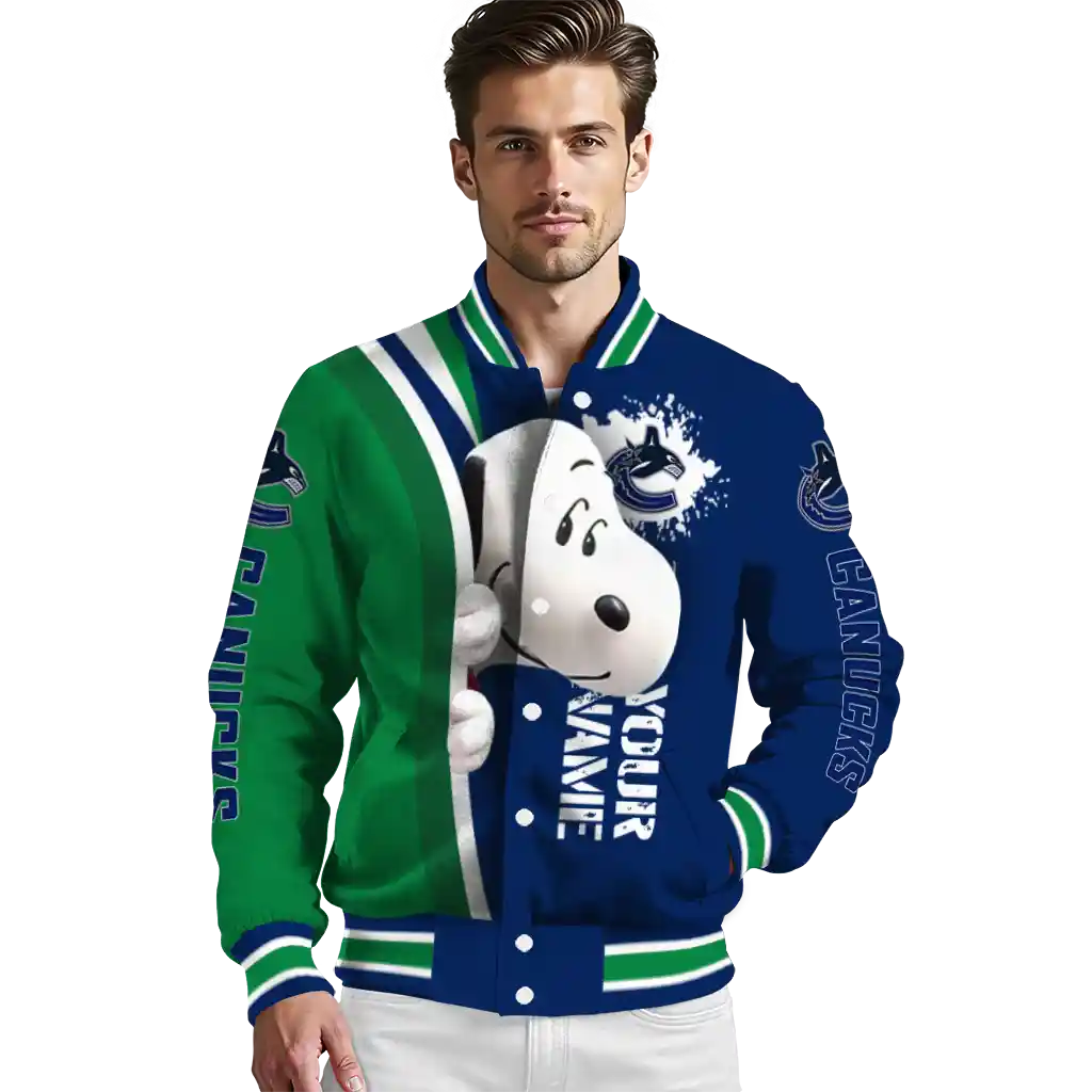 personalized vancouver canucks snoopy head blue varsity jacket high quality personalized vancouver canucks snoopy head blue varsity jacket high quality